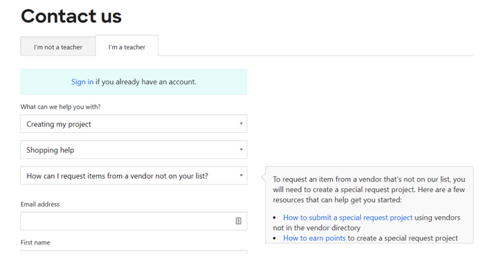 Screenshot of the donorschoose.org contact page.