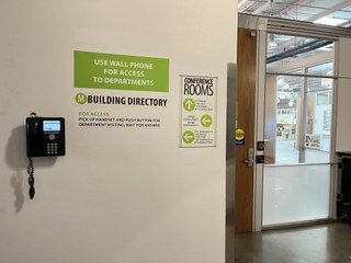 Use phone on wall to enter Fine Arts Office
