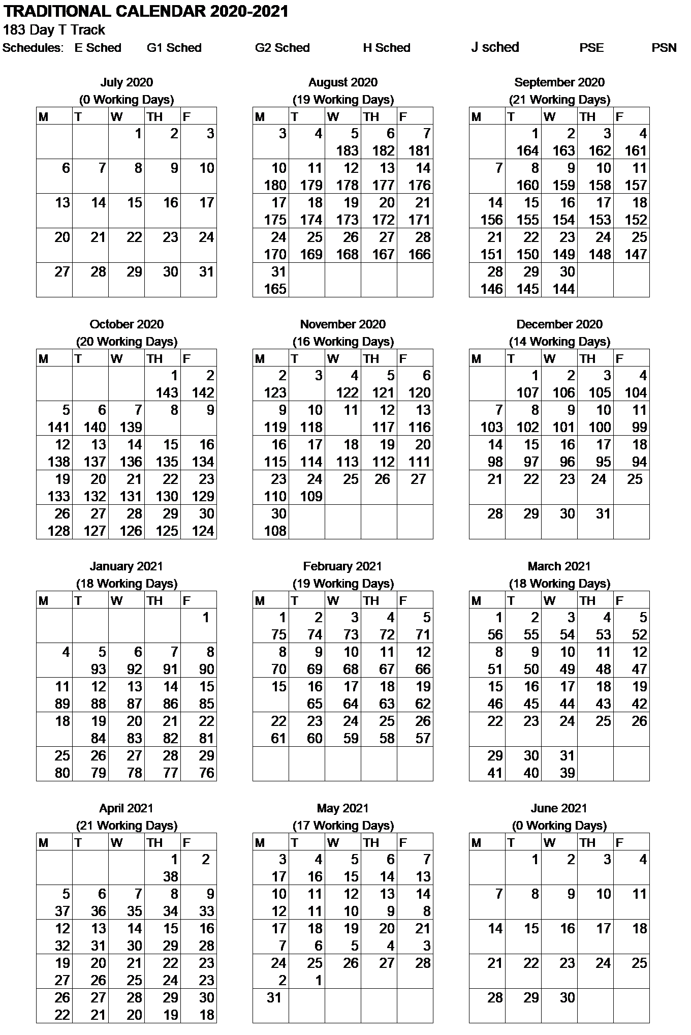 183 Day Traditional Calendar for 2020-2021