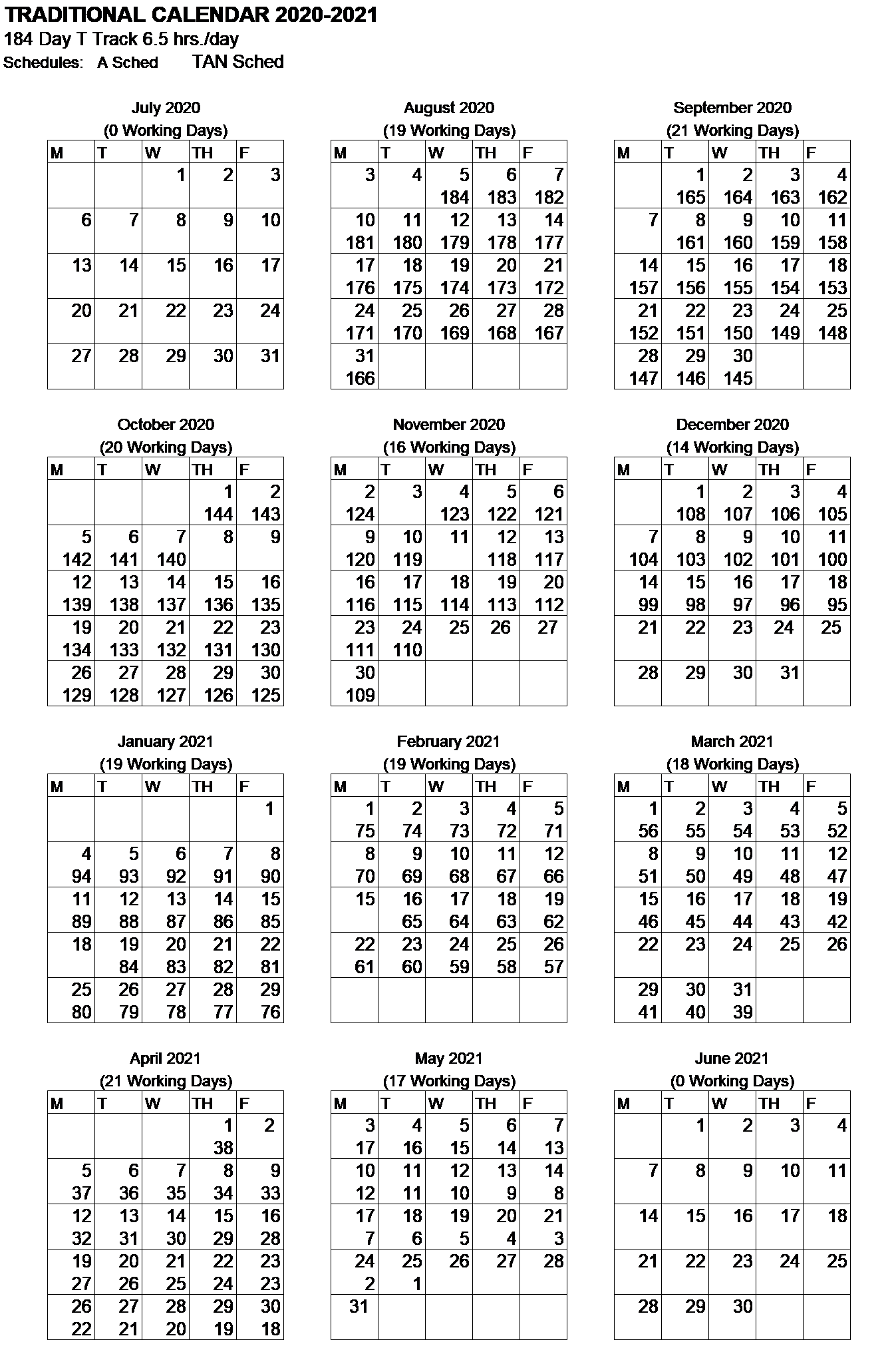 184 Day Traditional Calendar for 2020-2021