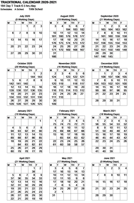 184 Day Traditional Calendar for 2020-2021