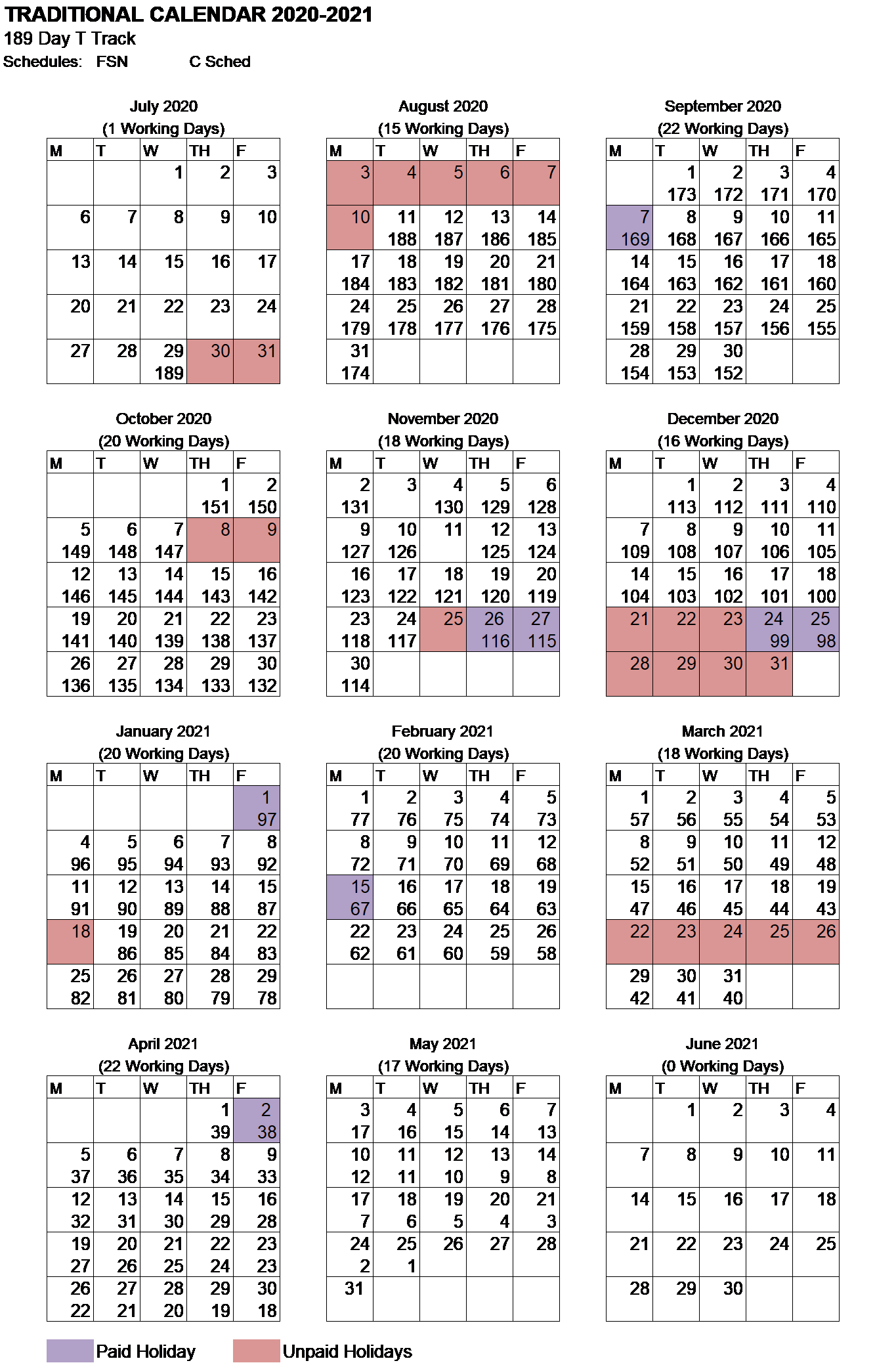 189 Day Traditional Calendar for 2020-2021