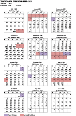 189 Day Traditional Calendar for 2020-2021
