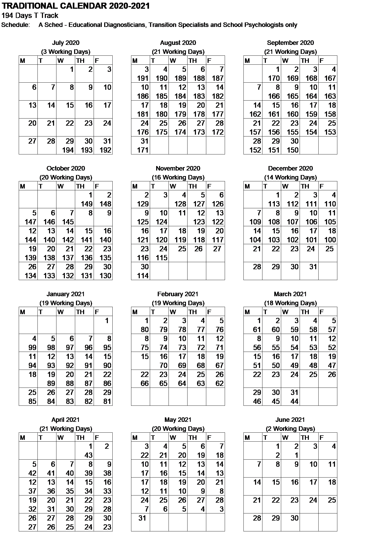 194 Day Traditional Calendar for 2020-2021