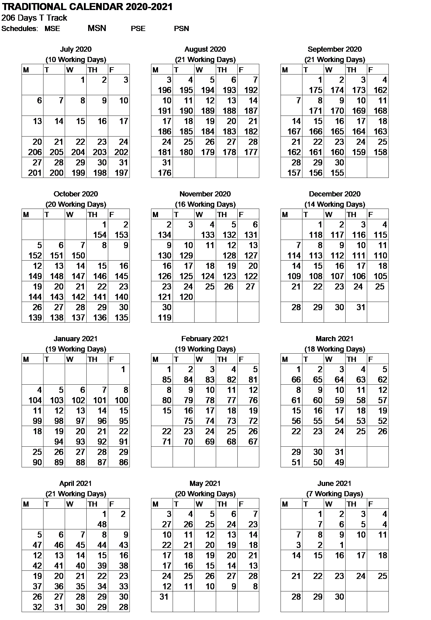 206 Day Traditional Calendar for 2020-2021