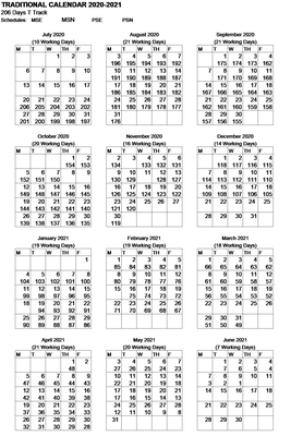 206 Day Traditional Calendar for 2020-2021