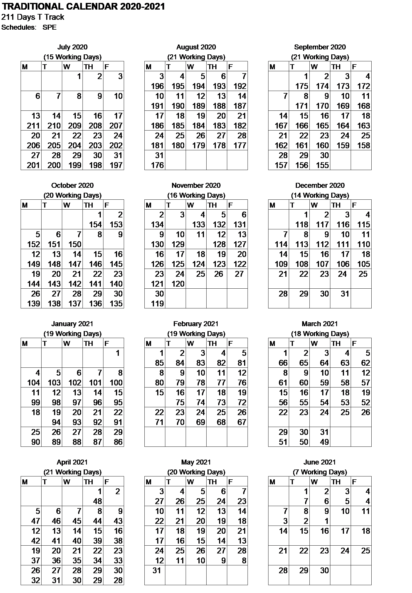 211 Day Traditional Calendar for 2020-2021