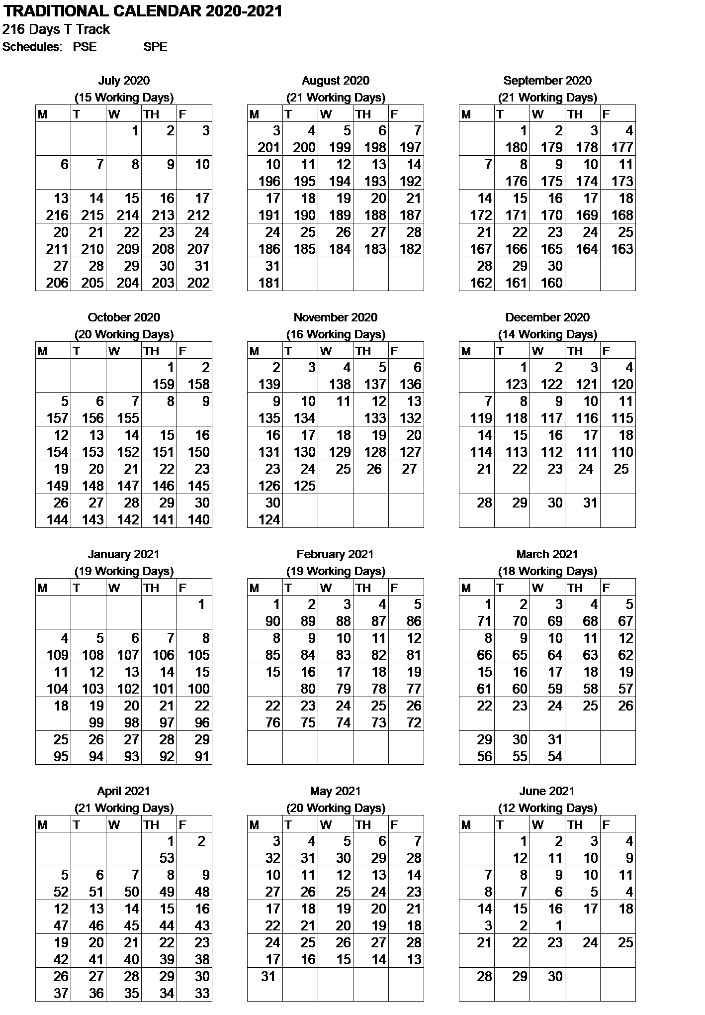 216 Day Traditional Calendar for 2020-2021
