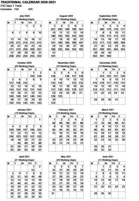 216 Day Traditional Calendar for 2020-2021