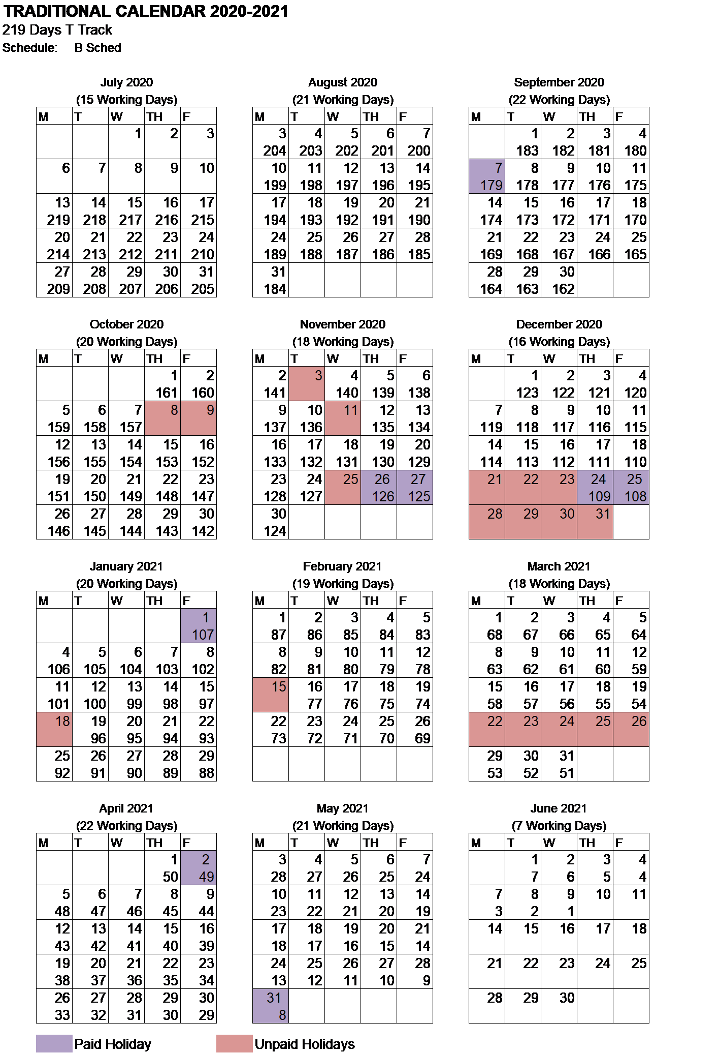 219 Day Traditional Calendar for 2020-2021