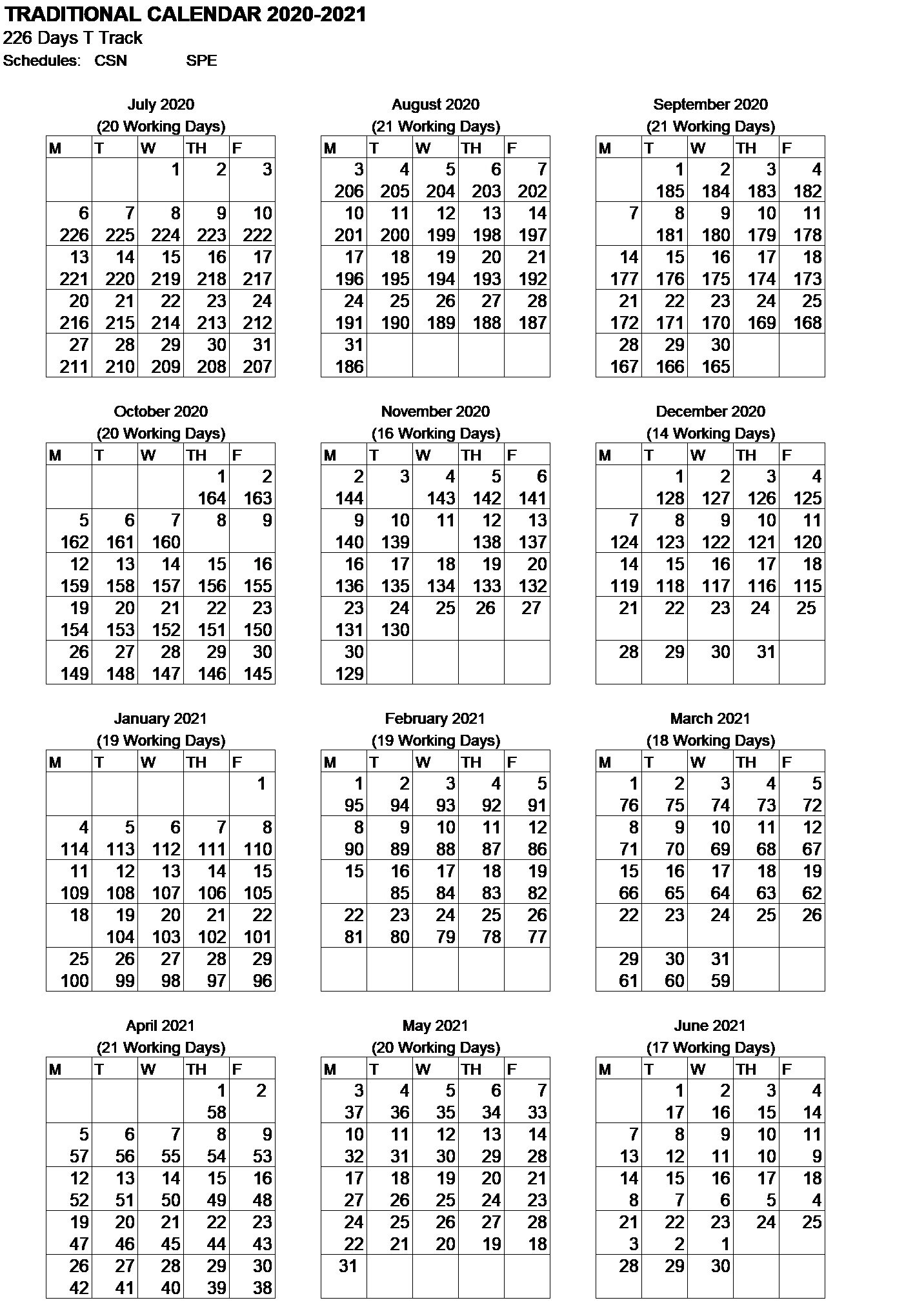 226 Day Traditional Calendar for 2020-2021