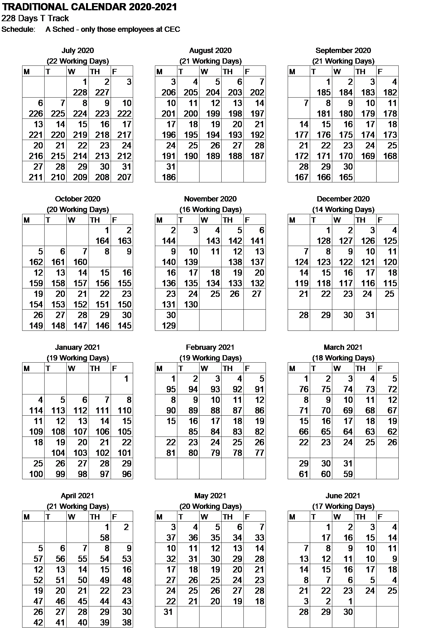 228 Day Traditional Calendar for 2020-2021