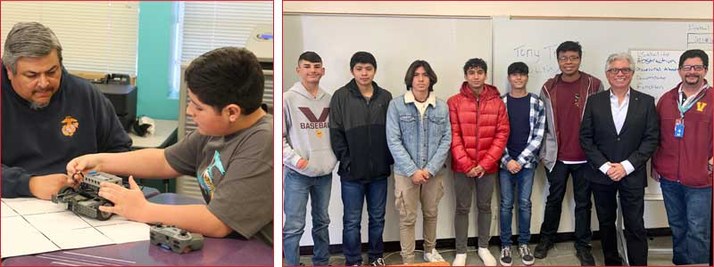 Two photos side by side. The first photo is of a student and teacher working on a robotics project. The second photo is a group of 6 student standing in a classroom with their 2 teachers.