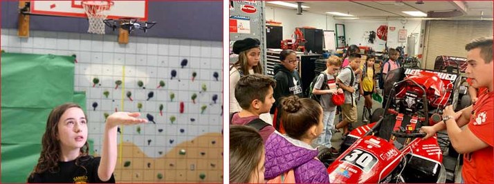 Two photos side by side. The first photo is of a student holding her hand underneath a hovering drone. The second photo is a group of students, in the classroom, looking at a race car.
