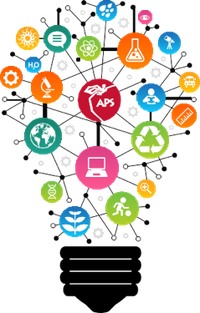 Colorful icons connect to each other, depicting a lightbulb