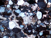 Moenkopi sandstone closeup A closeup view under a microscope of a thin slice of Moenkopi sandstone.