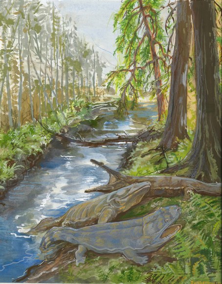 Painting of ancient triassic riverbed ecosystem with giant salamander-like amphibians at the river with tall trees around.