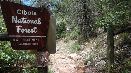 Cibola National Forest U.S. Department of Agriculture sign at forest boundary fence on trail
