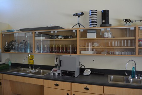Lab cabinets with glassware and microscopes, sinks, and drying oven on counter