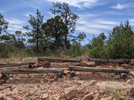 Log benches on sandstone rocky hilltop with trees and plants around