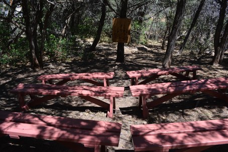 Red benches with sun and shadows facing wooden board on post