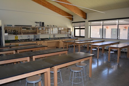 Room with long lab tables, stools, with counter and cabinets full of lab supplies in back of room