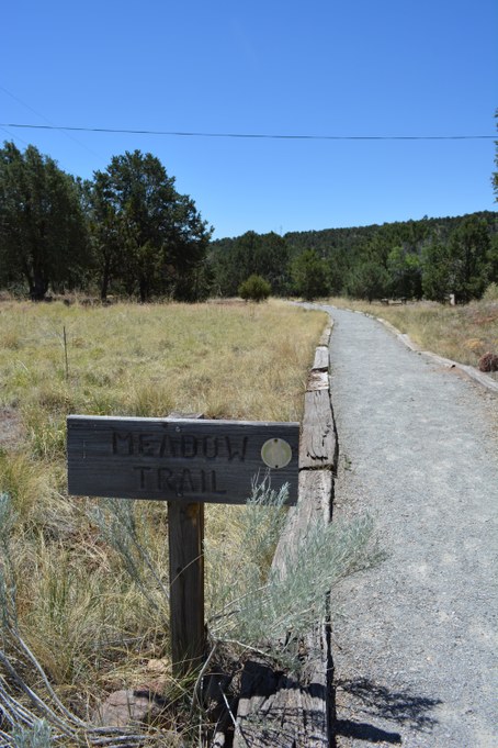 Wooden meadow trail sign with flat gravel trail next to meadow and trees in background