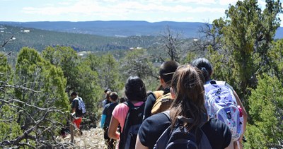 Line of students wearing backpacks hiking down steep hill with low evergreen trees around and mountain view in front of them.