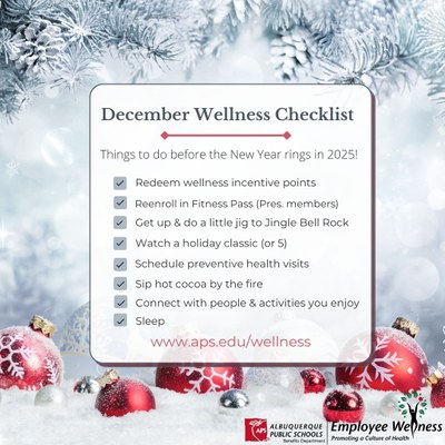 A snowy background with a fun checklist of items to do before 2025. Claiming wellness incentive points, using FSA dollars, getting annual preventive health checkups and more. 