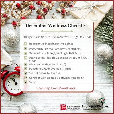 A list of wellnes things to do including reenroll in presbyterian fitness pass, redeem wellness incentive point and check flexible spending funds before the end of the year.