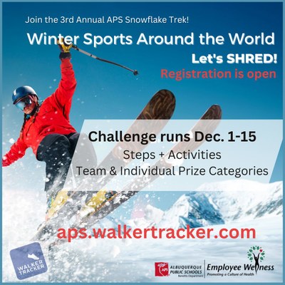 Image with skier and information on Snowflake trek winter sports around the world challenge. This is an activity challenge everyone can do that runs from December first through December fifteen
