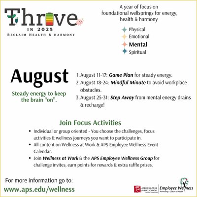 Graphic of August mental energy thrive activities