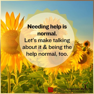 Be the help Picture with a sunset background and field of sunflowers. Words that say "Needing help is normal. Let's make talking about it and being the help normal, too."