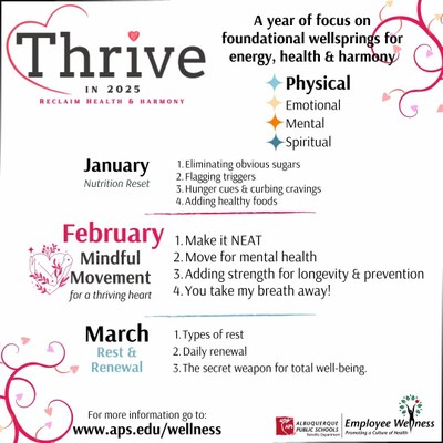 Graphic with the thrive in 2025 short calendar and thriving heart graphic. February is mindful movement for a thriving heart. 