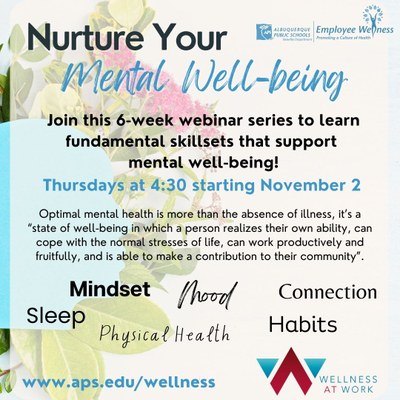 picture with information on a six week webinar series to help you foster the elements of healthy mental wellbeing. 