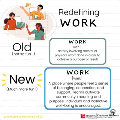 The definition of work is an activity involving mental or physical effort done in order to achieve a purpose or result. A new, more fun, definition a place where we build connection and belonging. 