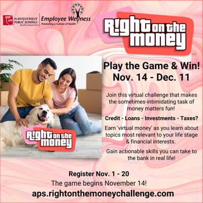 couple petting doggie moving into new home. Graphic contains information on how to enter the right on the money challenge to learn more about credit, loans, finances and taxes.