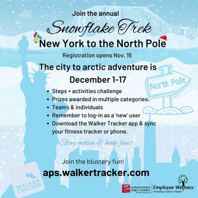 Picture of wintery background with the New york to the north pole activity challenge. the challenge starts December first through the 17. Registration opens November 15. Prizes are awarded in many categories.