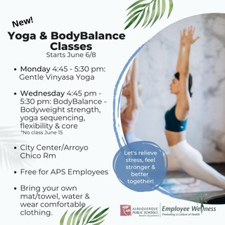 free yoga and body balance classes offered at City Center. Monday 4:45 Yoga and Wednesday 4:45 body balance