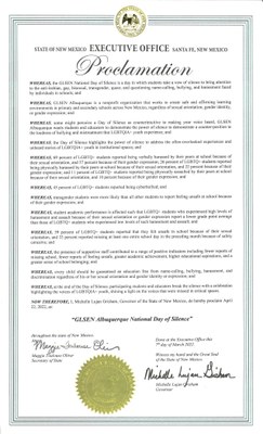 New Mexico state proclamation declaring April 22, 2022 at GLSEN Albuquerque Day of Silence