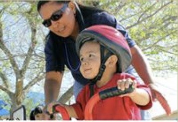 Mom and son riding bikes