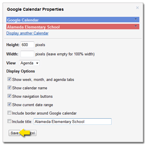 Calendar Properties Save