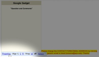 Gadget properties menu