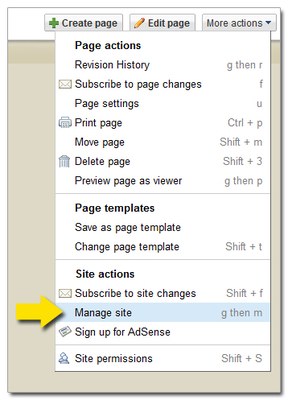 More Actions, Manage Site