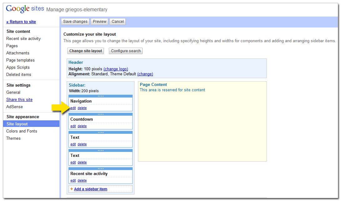 Site Layout Edit Navigation