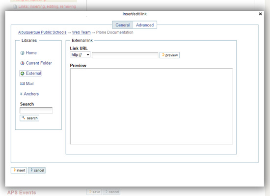 external link option dialog box