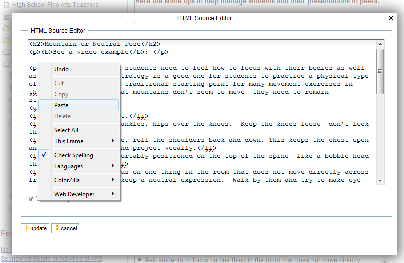 Right click and select Paste.
